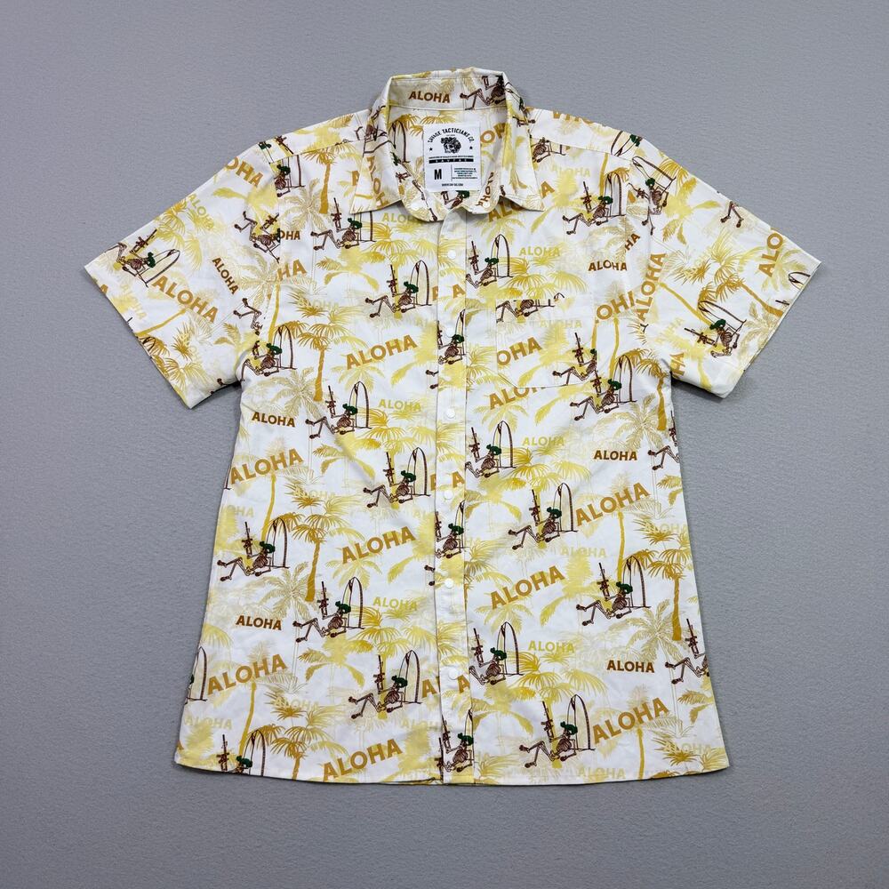 Savage Tacticians Hawaiian Shirt Men's Medium Yellow Slay & Vacay Skeleton Aloha